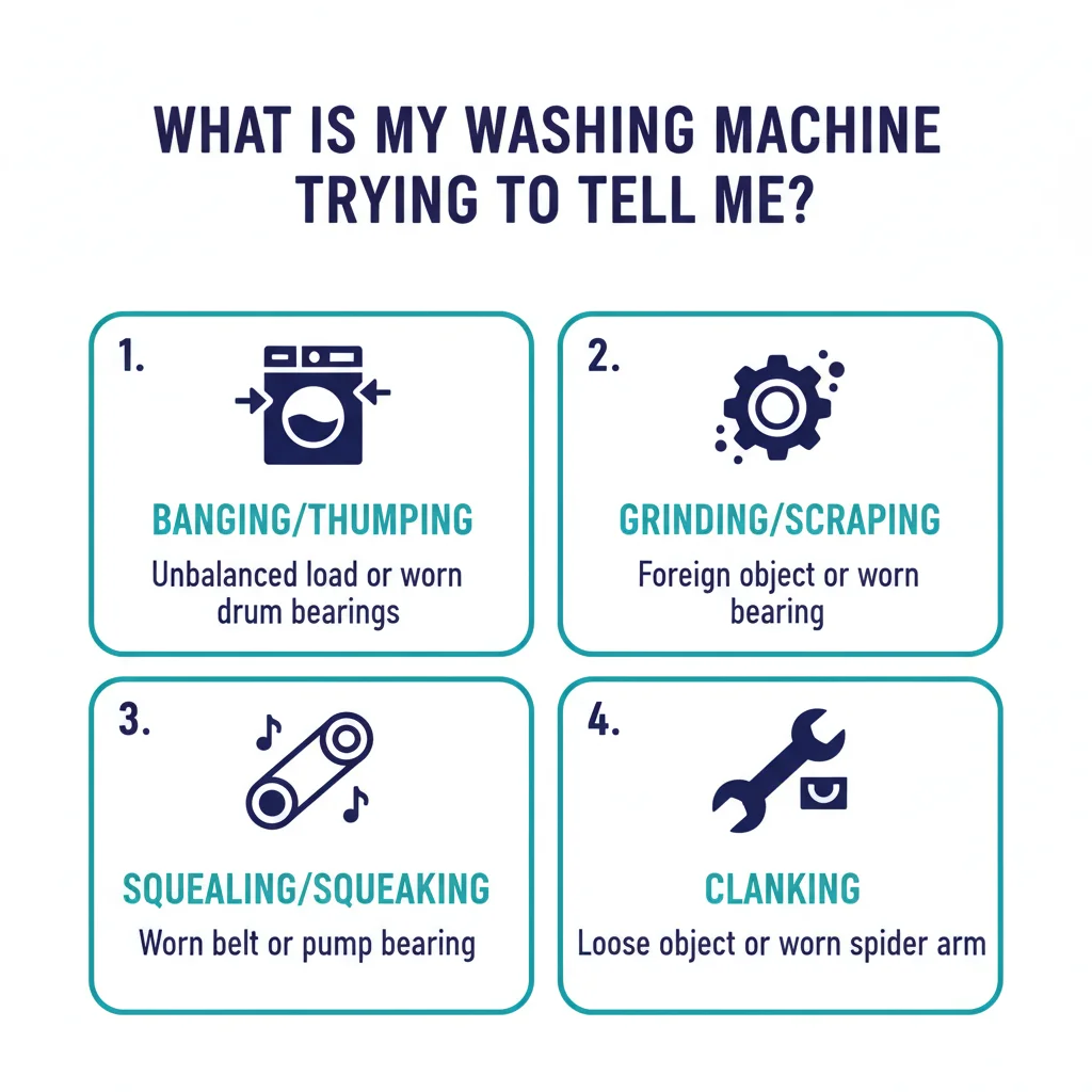 Washing machine noise diagnosis chart showing what different sounds mean