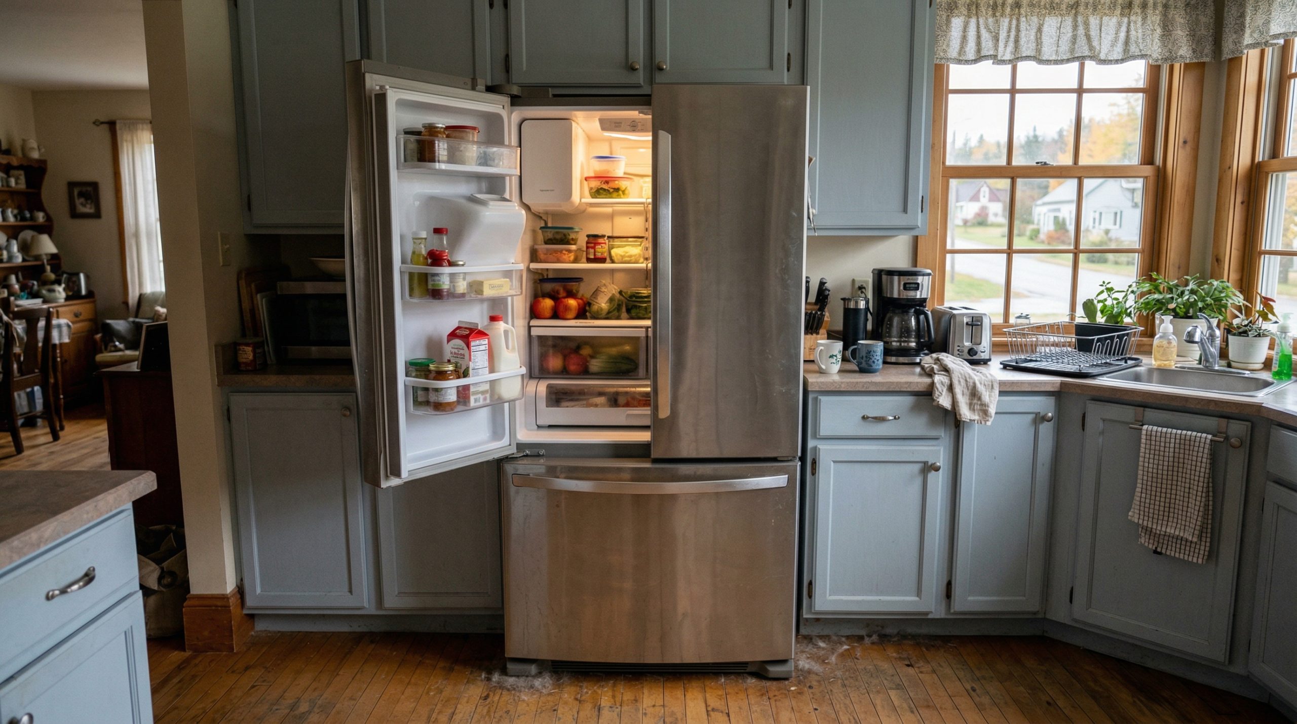 Modern stainless French door refrigerator in a Barrie home kitchen with the door open