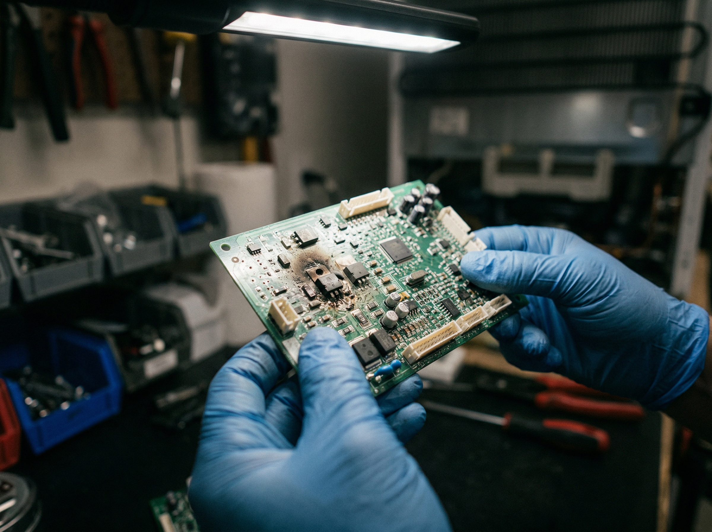 Refrigerator main control board with a burnt component visible after a power surge