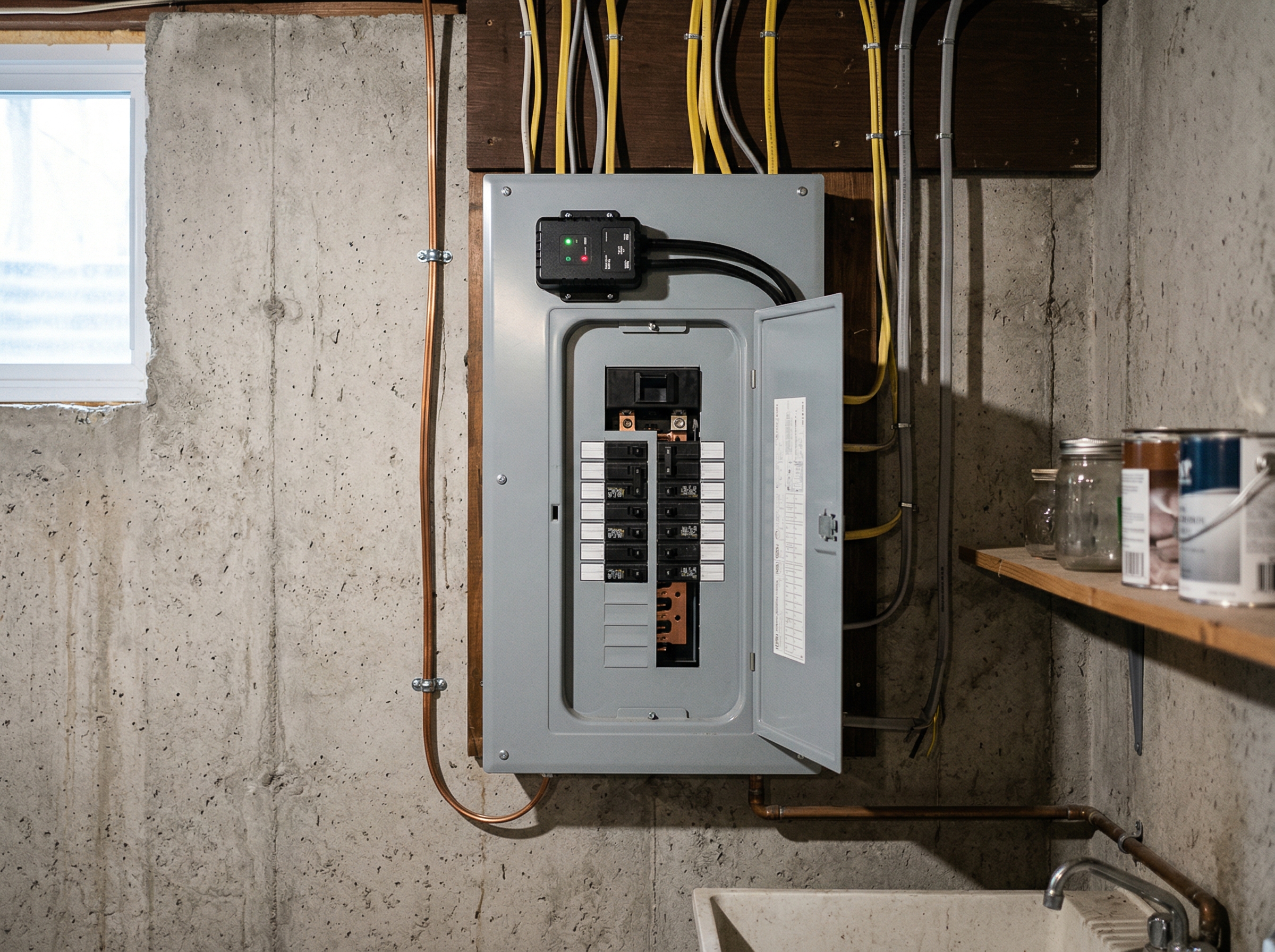Residential electrical panel with a whole-house surge protector installed in a Barrie home basement