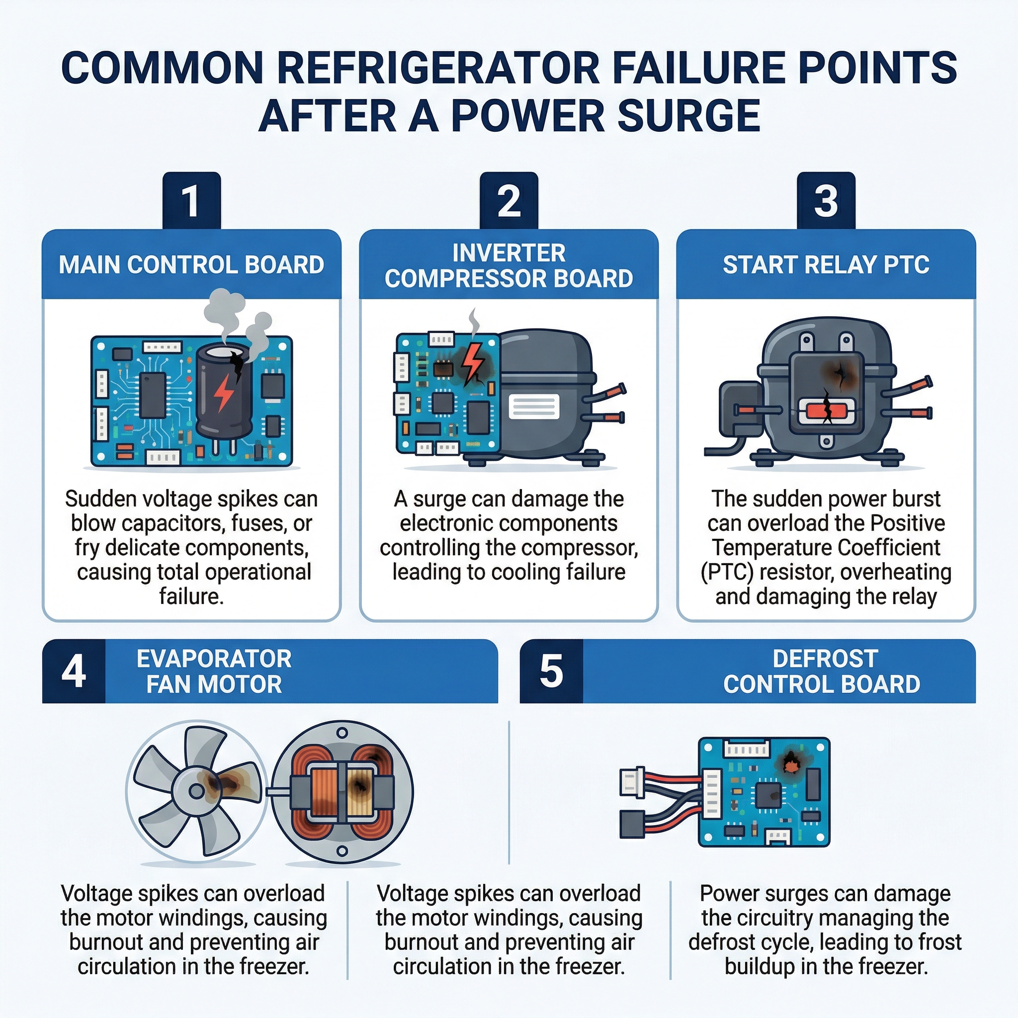 Infographic showing the five refrigerator failure points after a power surge in Barrie