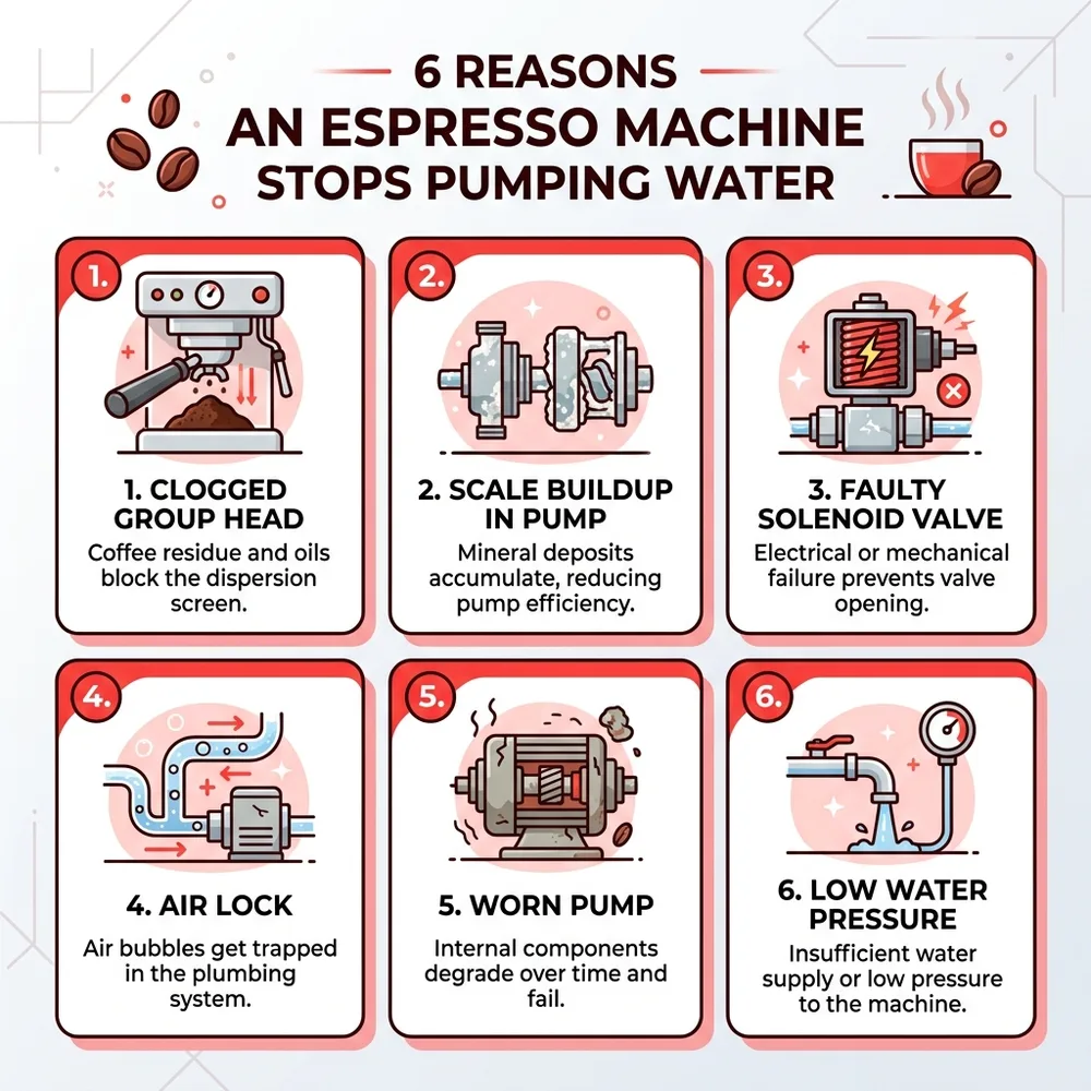 6 reasons an espresso machine stops pumping water - troubleshooting guide