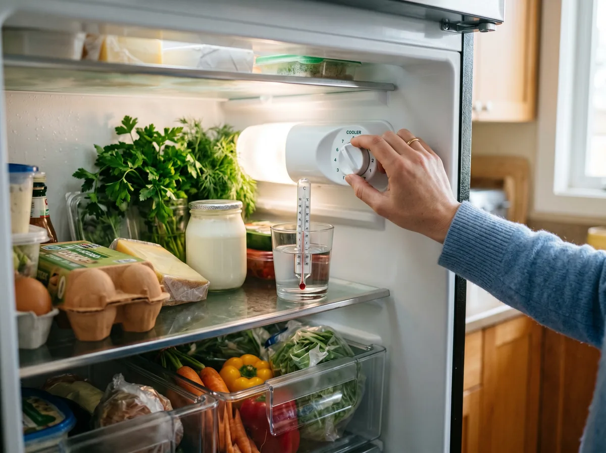 Homeowner checking the temperature dial inside a refrigerator with a thermometer on the shelf