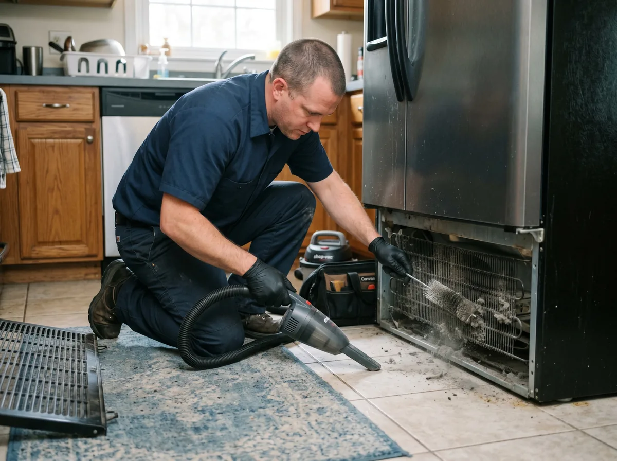 Technician vacuuming dusty condenser coils underneath a refrigerator