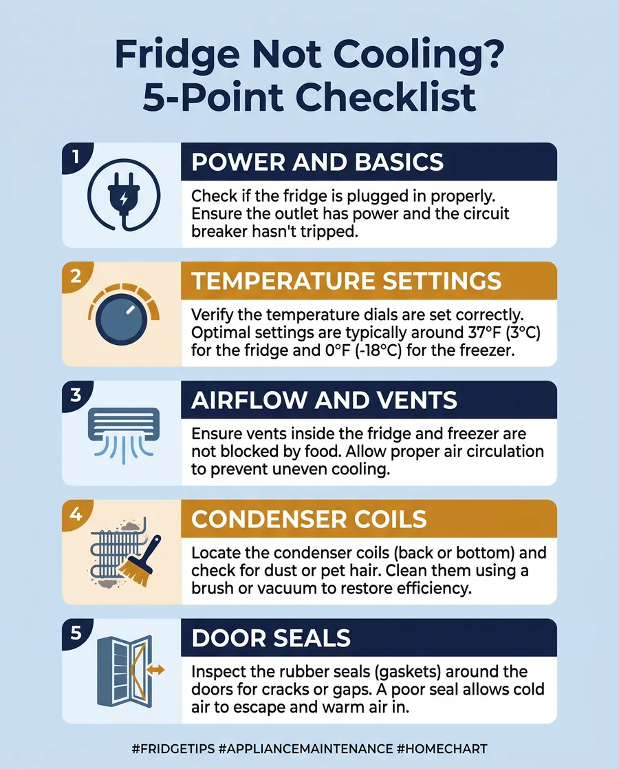 Infographic of the five-point refrigerator not cooling checklist: power, settings, airflow, condenser coils, door seals