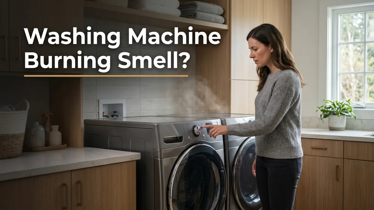 Washing machine burning smell, a homeowner reaching to switch off a front-load washer in a home laundry room