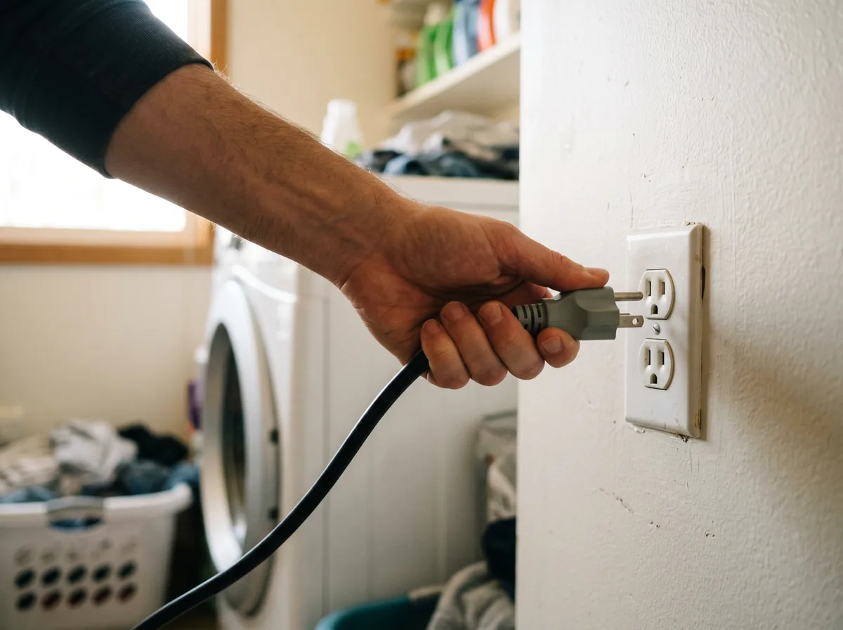 Homeowner unplugging a front load washing machine after noticing a burning smell