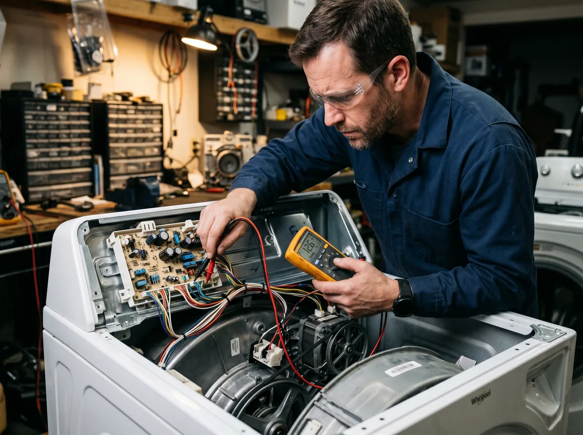 Appliance technician inspecting the wiring and control board behind a washing machine panel