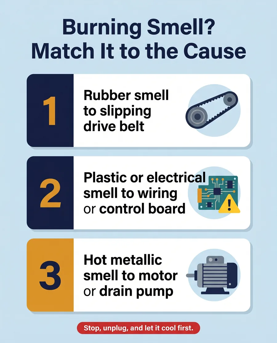 Infographic matching washing machine burning smells to their likely cause: rubber to belt, plastic to wiring, metallic to motor