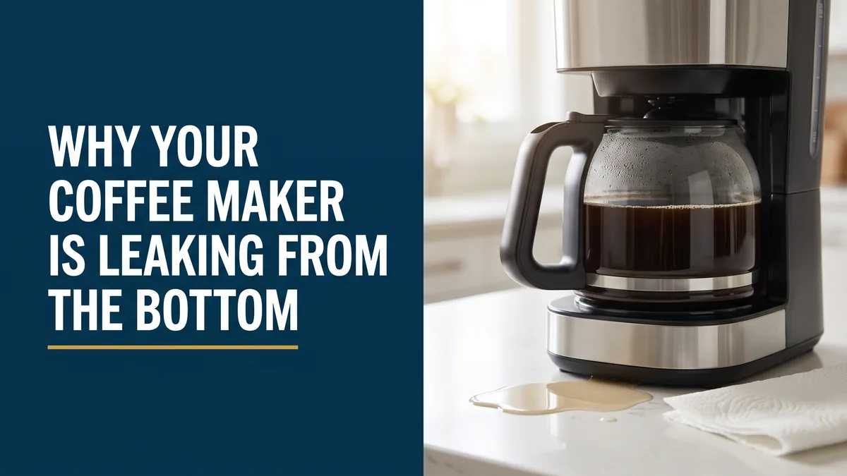 Drip coffee maker with a small water puddle at its base, illustrating a coffee maker leaking from the bottom