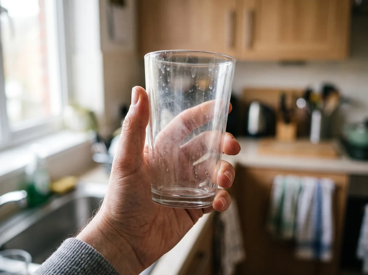 Hard water film sitting on top of a glass