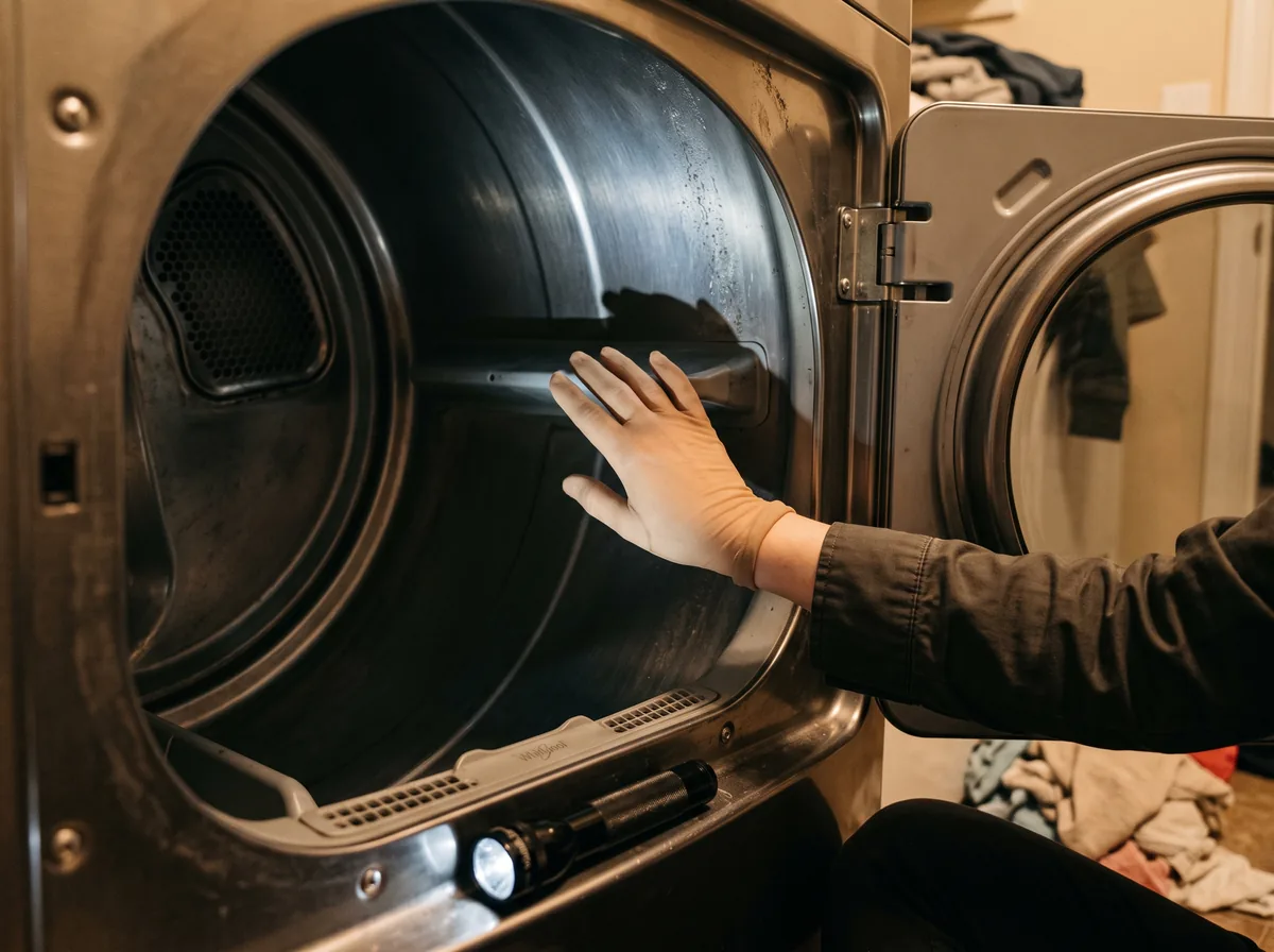 Checking for rough spots inside a dryer drum using a nylon stocking