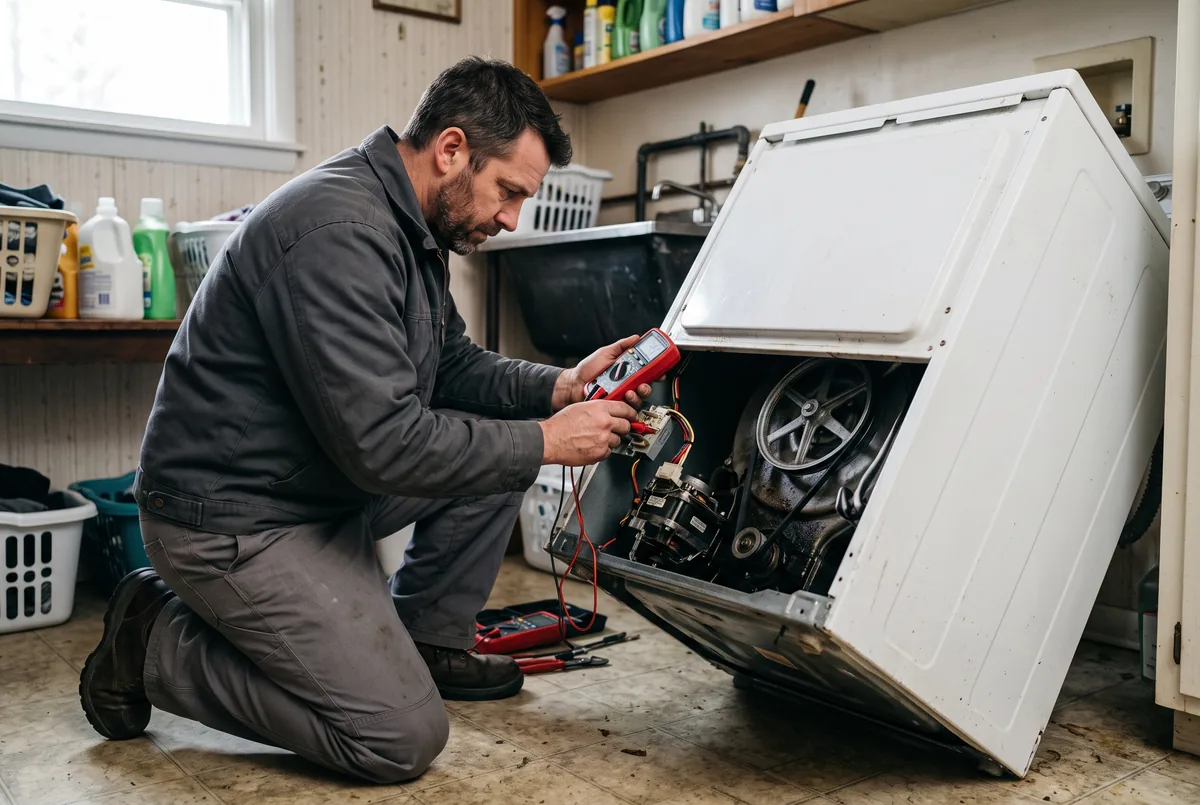 Appliance technician using a multimeter to find why a washing machine won't spin