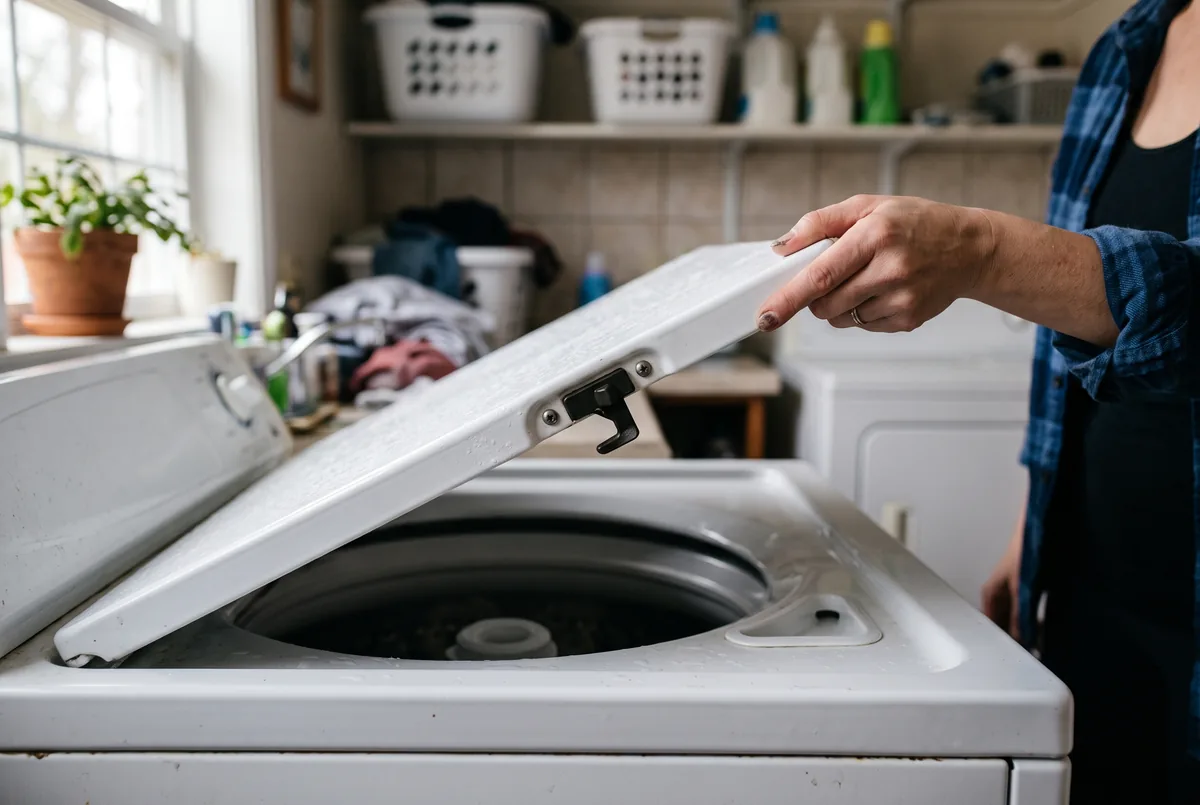 Hand lifting a washer lid to check the lid switch when the washing machine won't spin