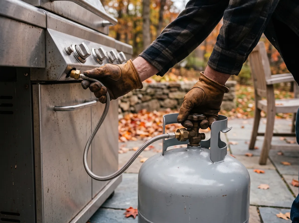 Close the valve, disconnect the cylinder, and store winter outdoor appliances