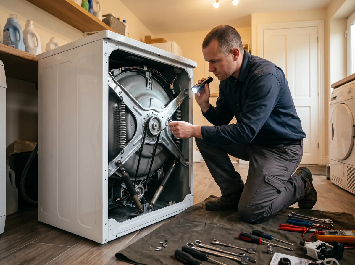 Technician kneeling on the floor, shining a flashlight into the back of a dismantled washing machine to inspect its motor and belt system.