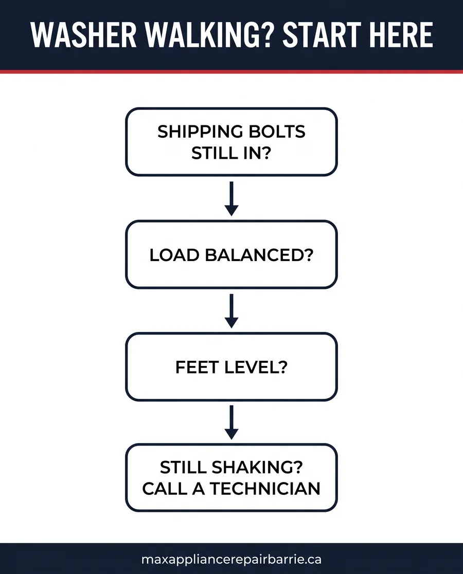 Troubleshooting flowchart titled "Washer Walking? Start Here" with four sequential steps: check shipping bolts, check load balance, adjust feet, or call a technician.